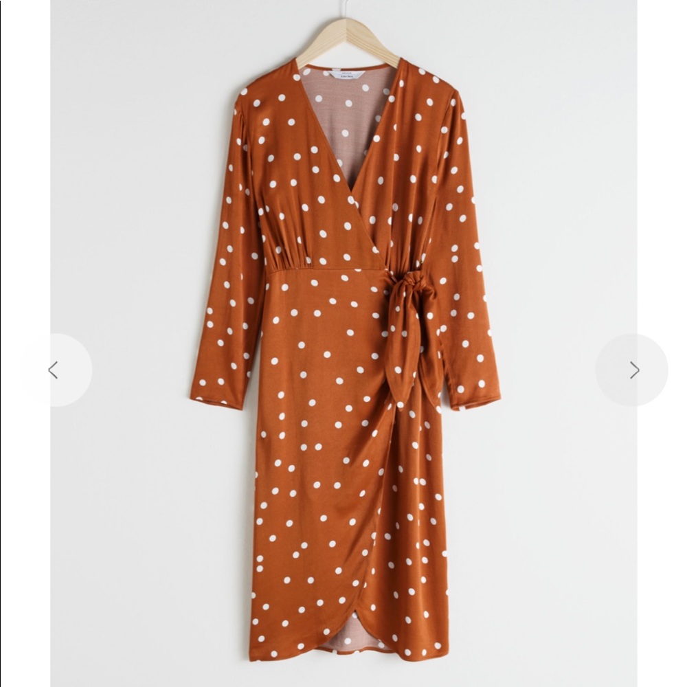 & Other Stories Paris Atelier Rust Orange Polka Dot Faux Wrap Dress 0